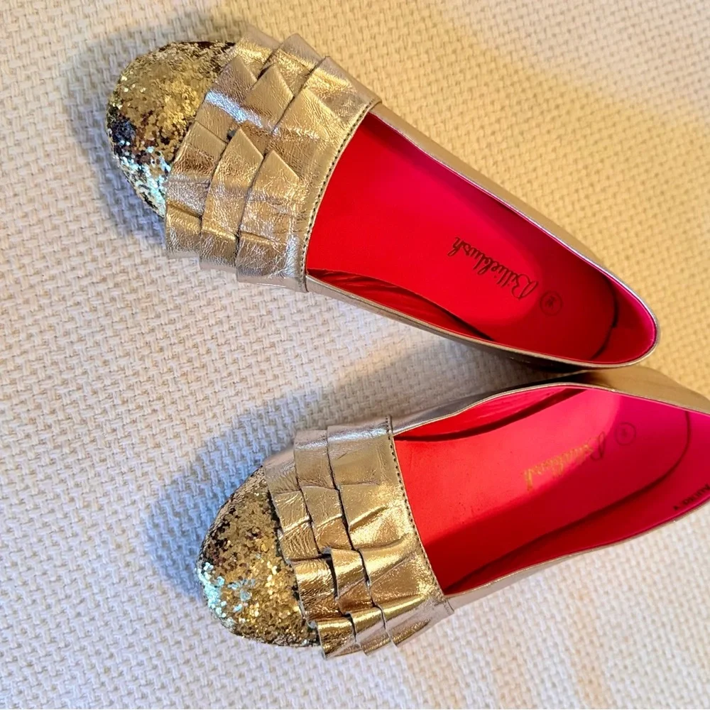 BILLIEBLUSH Girls Gold Glitter Flats w Ruffles Kids Shoes